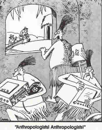 Larson cartoon, natives hide modern goods from anthropologists