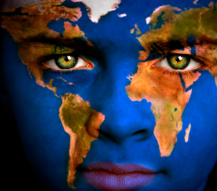Map of the world imposed on a face
