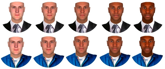 Two rows of the same face in varying skin shades: top row wearing business suit bottom row wearing janitor suit. Face repeated 5 times with whitest faces at left and darkest at right