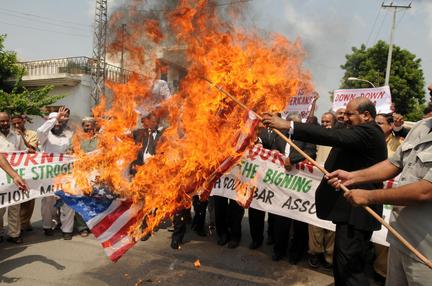 Protest with US flag burning