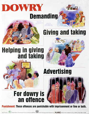 Poster: Dowry: demanding, giving and taking, helping in giving and taking, advertising for dowry is an offence. Punishment: these offences are punishable with imprisonment or fine or both
