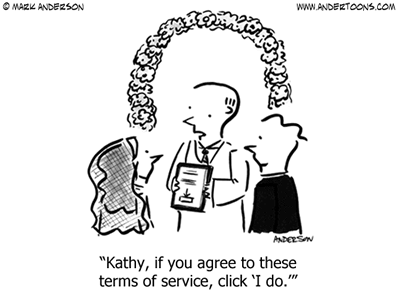 Cartoon: marriage ceremony, officiant says: 'Kathy, if you agree to these terms of service, click 'I do''