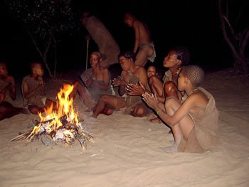Ju Hoansi people at a campfire