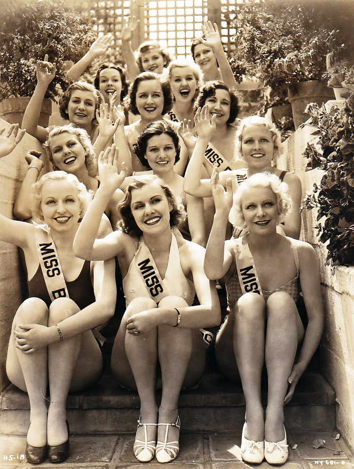 Girls in a beauty pagent in the 1930s. All are white and most are blonde
