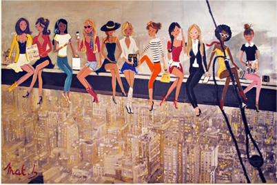 Cartoon: women sitting on steel beam above city in parody of famous shot of men doing same.