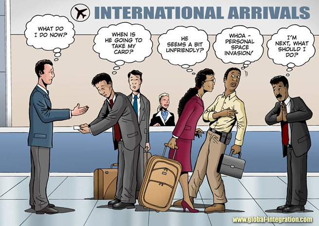 Cartoon showing confusion about different forms of greeting