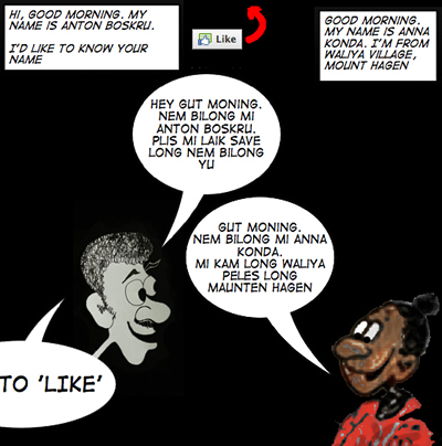 cartoon showing two people conversing in Tok Pisin