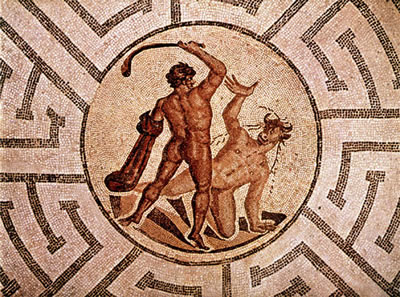 Roman mosaic: Theseus defeats the Minotaur